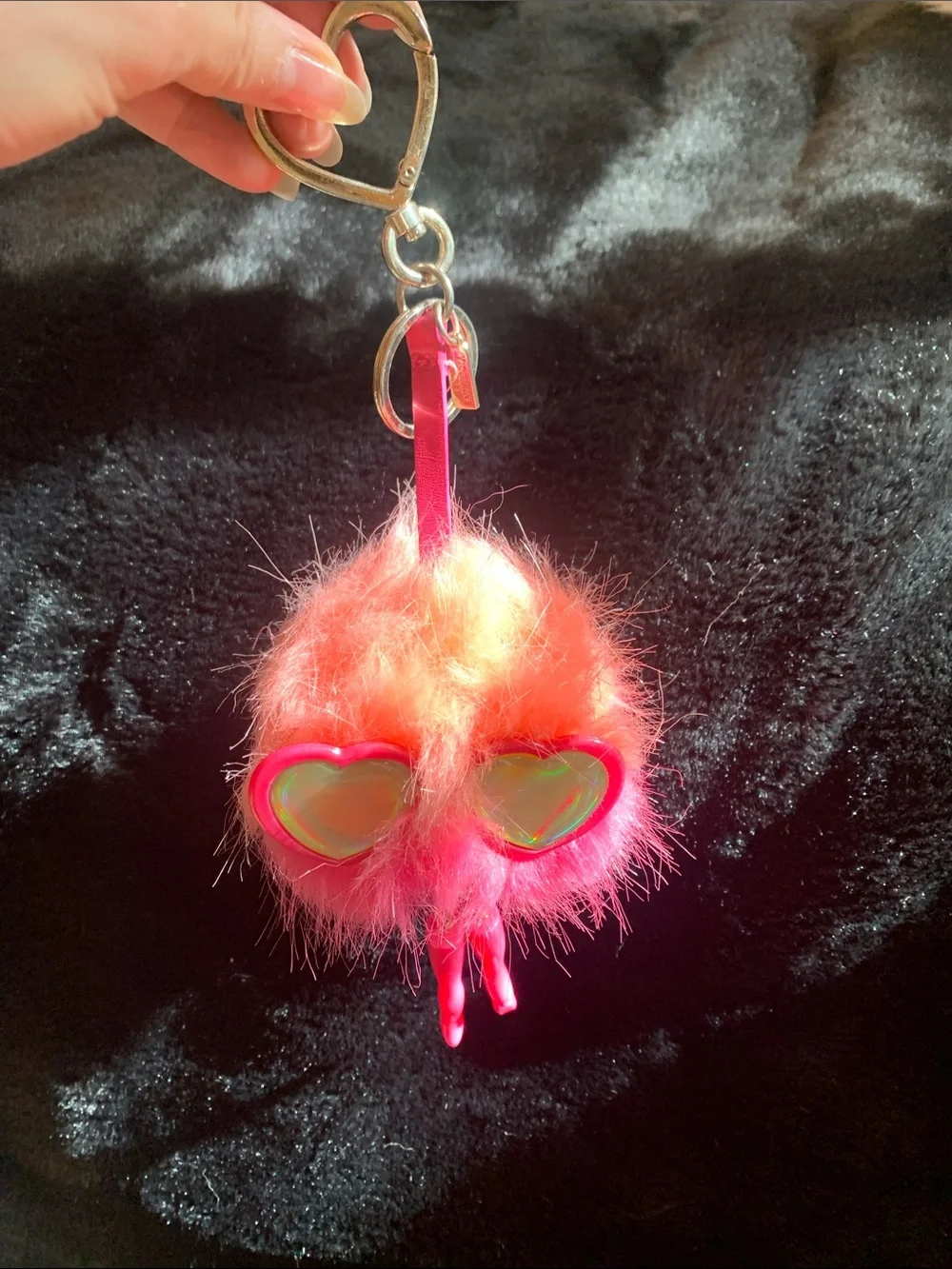 Victoria's Secret Pink & Orange Heart Sunglasses Fluffy Keychain